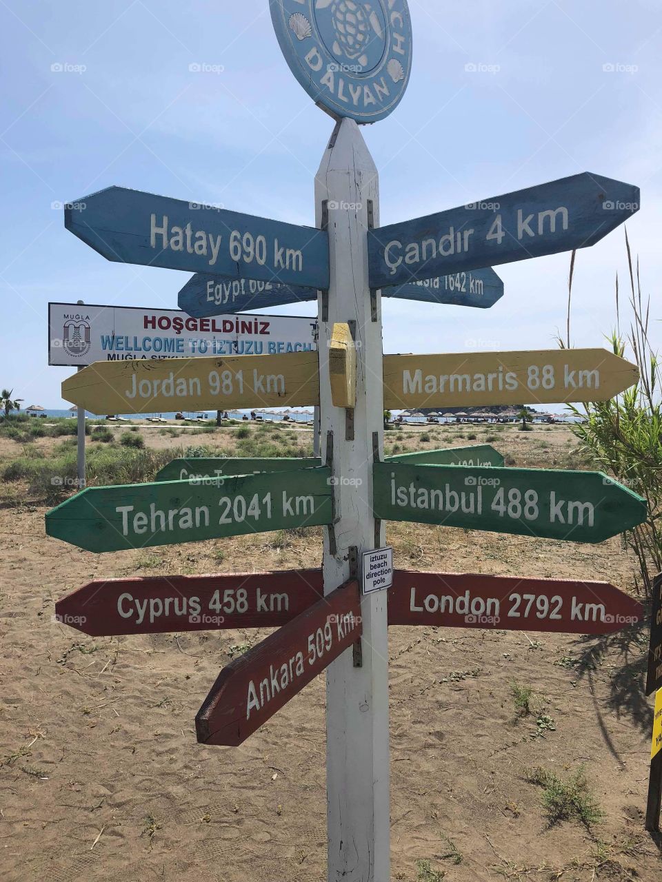 A sign which shows how many KM to places around the world! This sign was in Turtle Beach in Turkey.