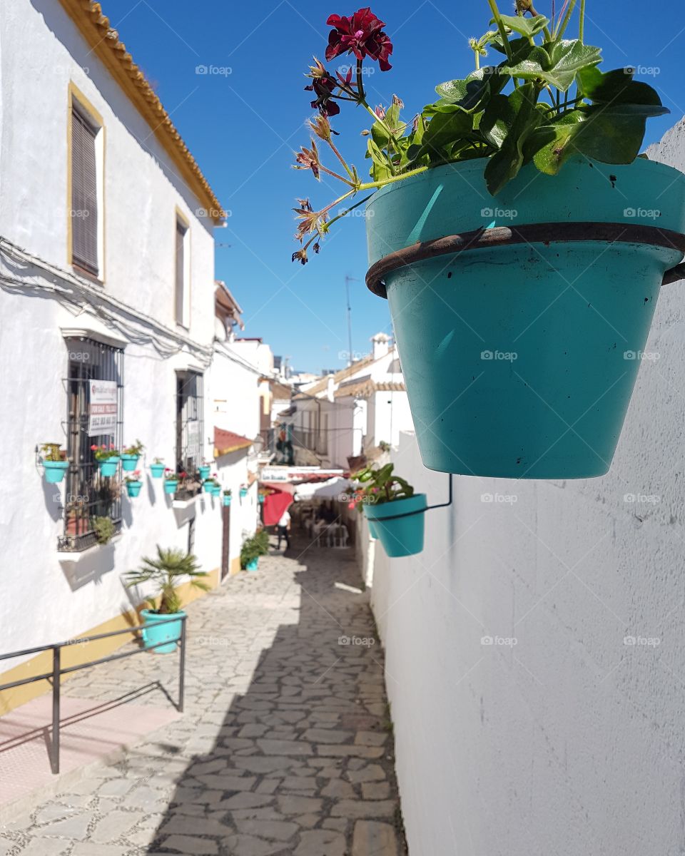 Pretty colourful flowerpots in Estepona Spain