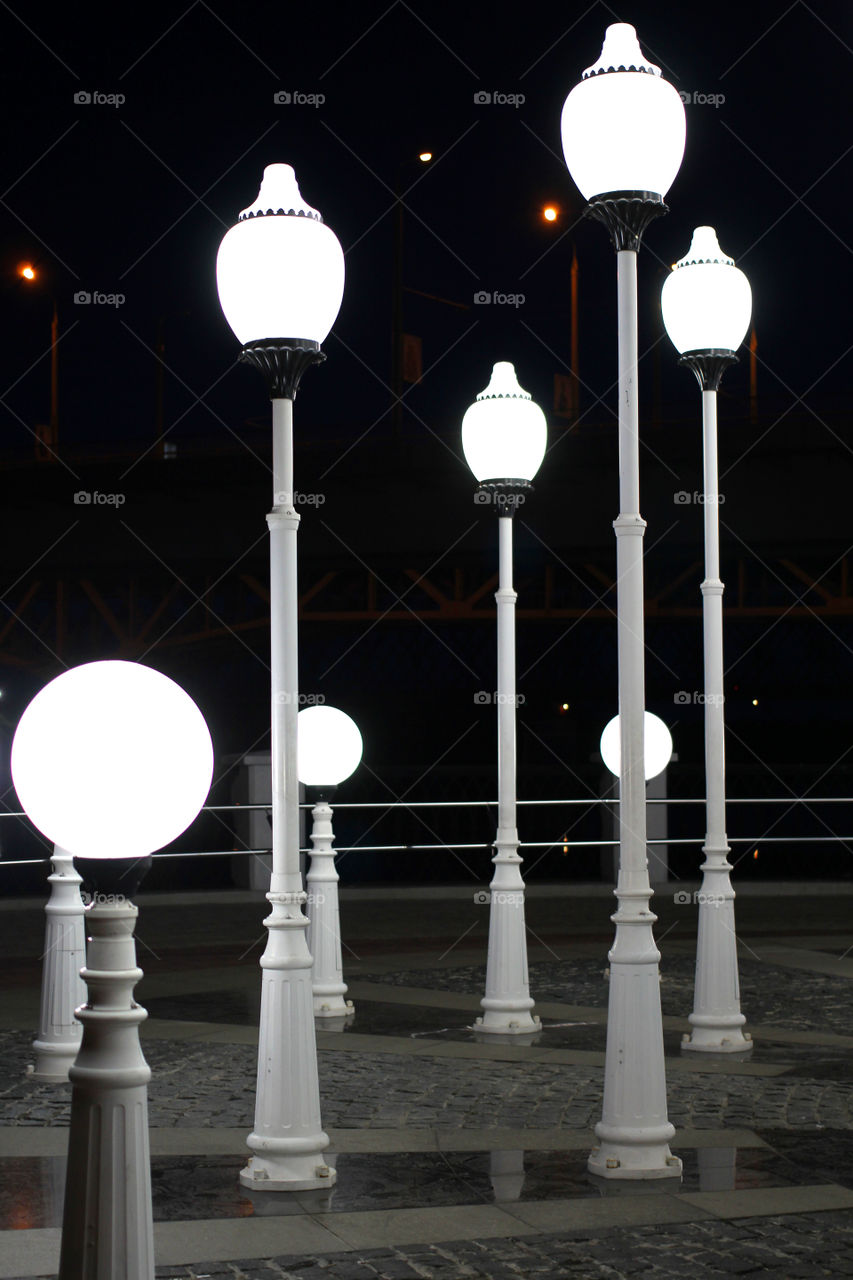 Lanterns, Light, Night, Lamp Street, Lantern City, Reflection, Glare, White, Black and White, City