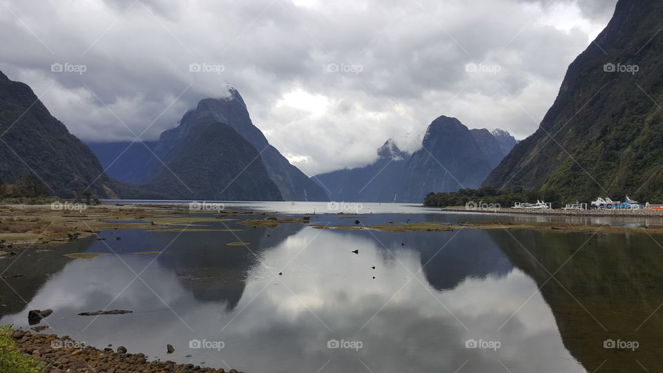 New Zealand fiords reflected in the lake