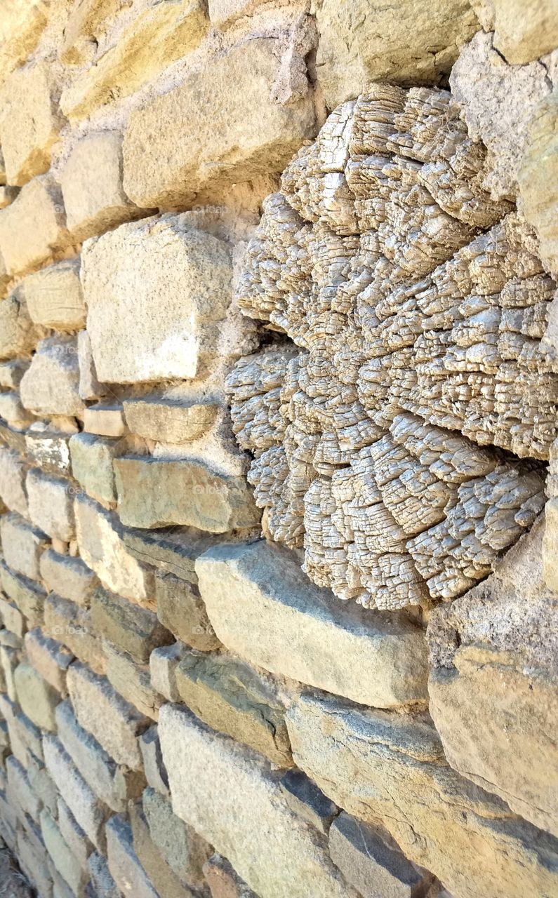 Stones and timber create texture in a wall at a Pueblo ruin in New Mexico.
