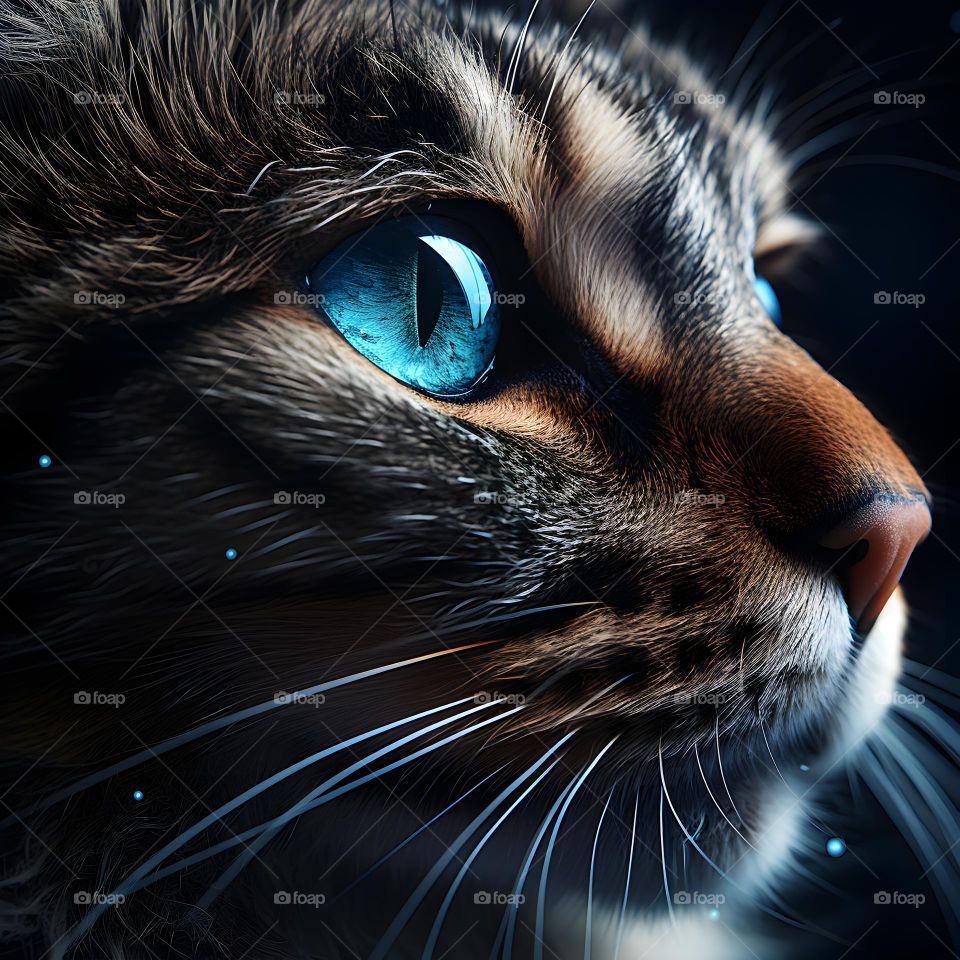 close up of a cat face with round eyes, in the style of vray tracing, photo-realistic techniques