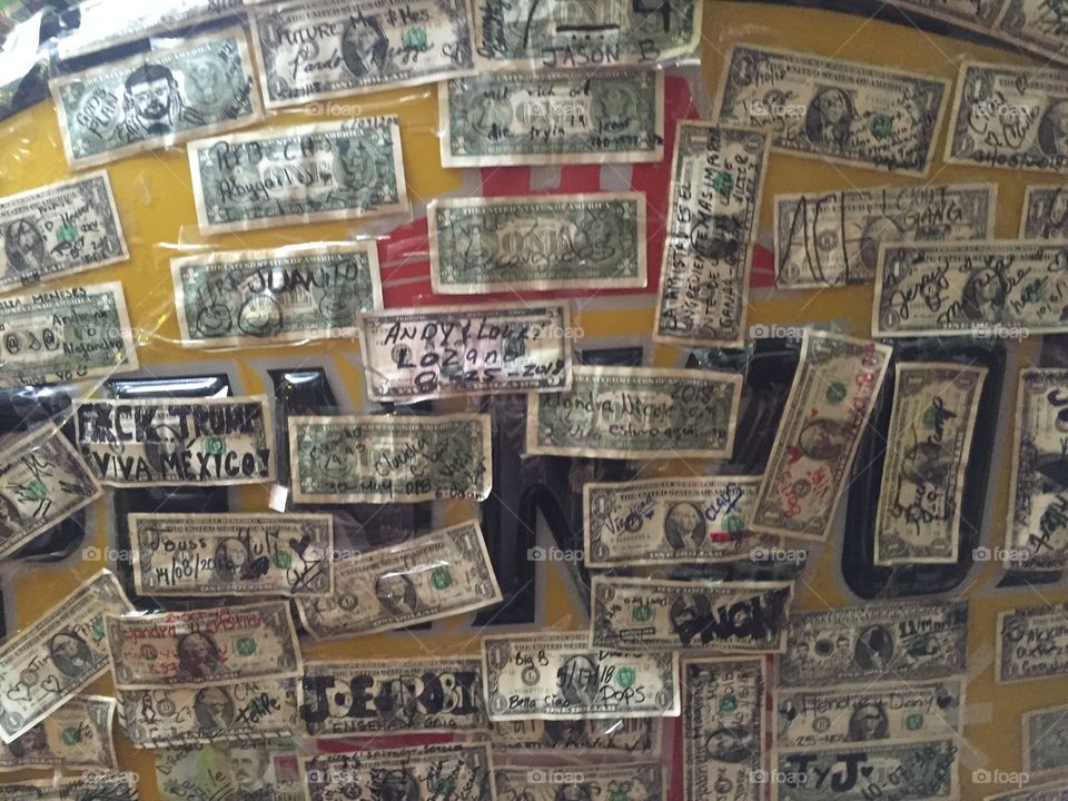 Restaurant in Mexico covered with $1 bills