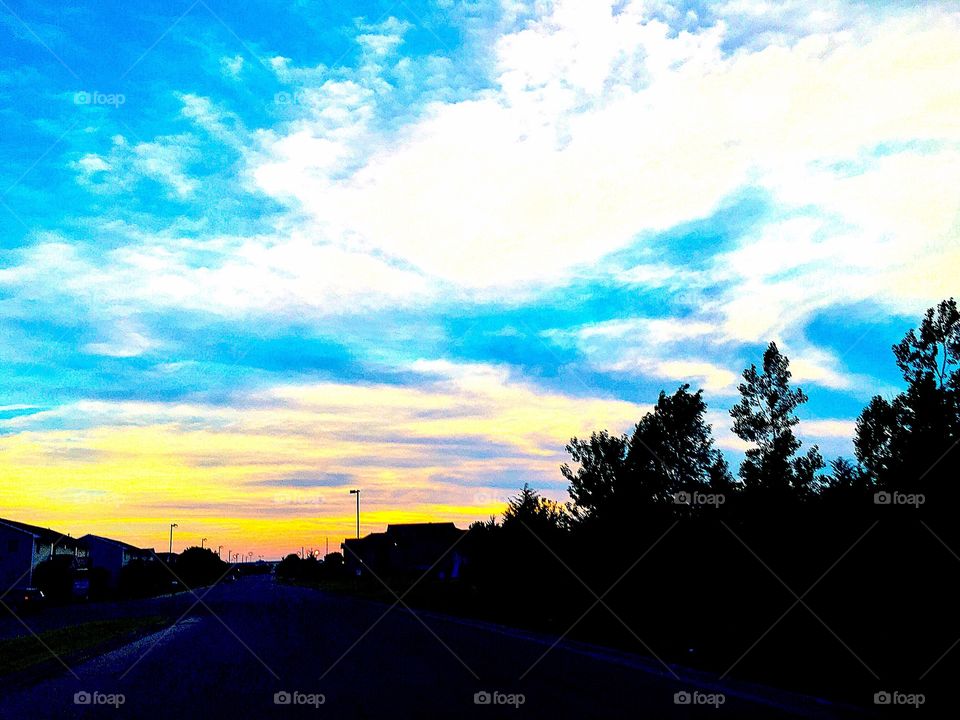Clouds, trees, sunset, yellow, blue, bright contrast, Nate