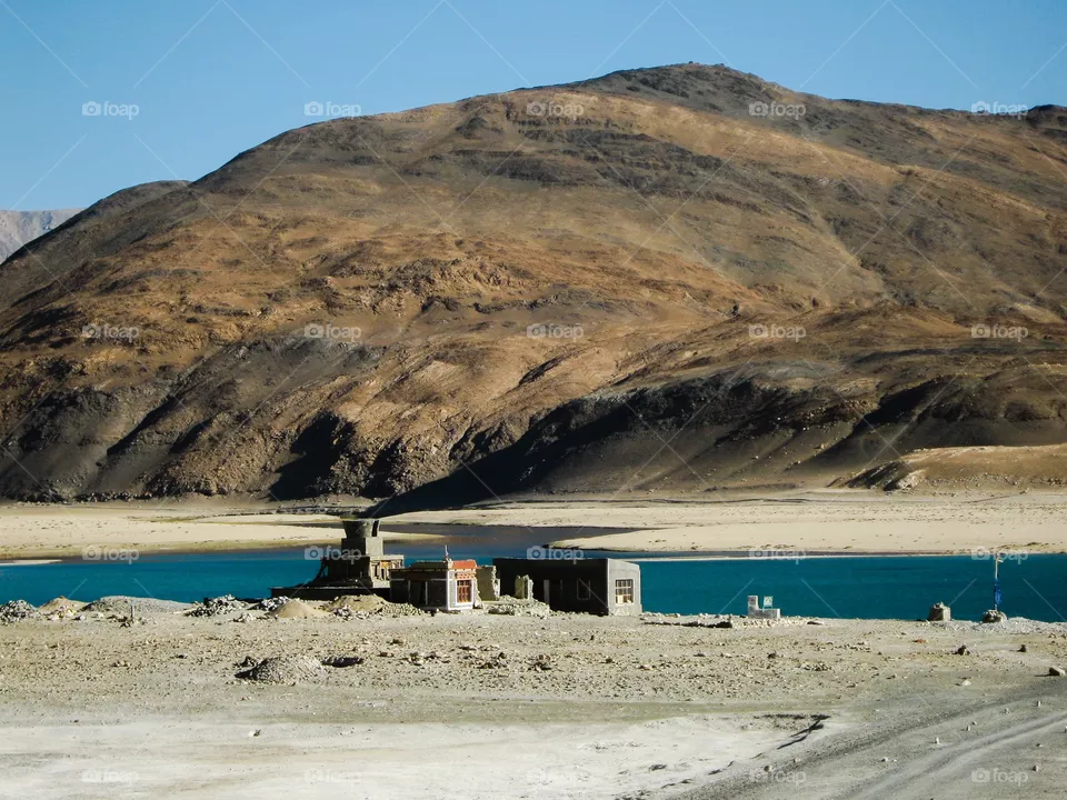 Exquisite view of lake and mountain in Leh, Ladakh, India.