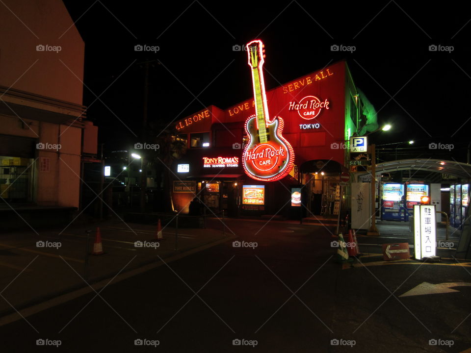 Hard Rock Cafe, Roppongi, Tokyo, Japan.  Night View, Neon Guitar Sign