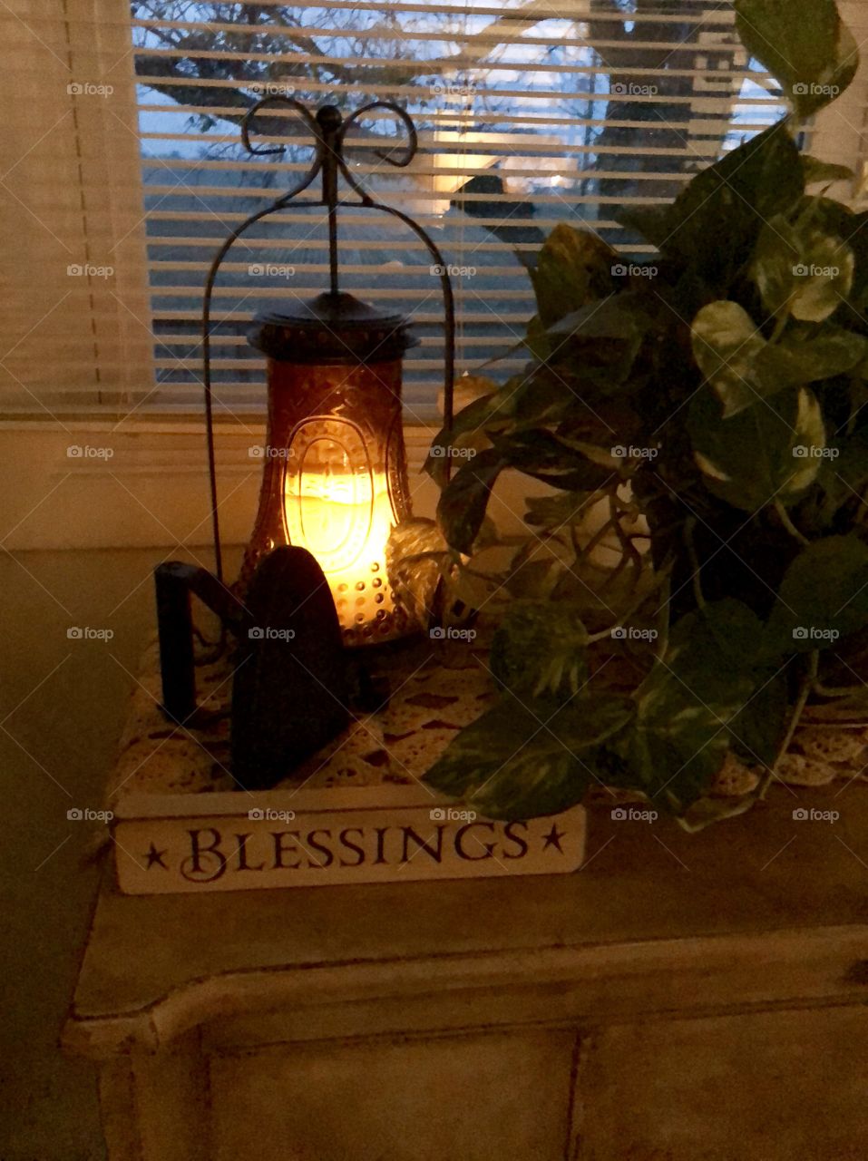 Decorative home grouping blessings sign candle plant table antiques 