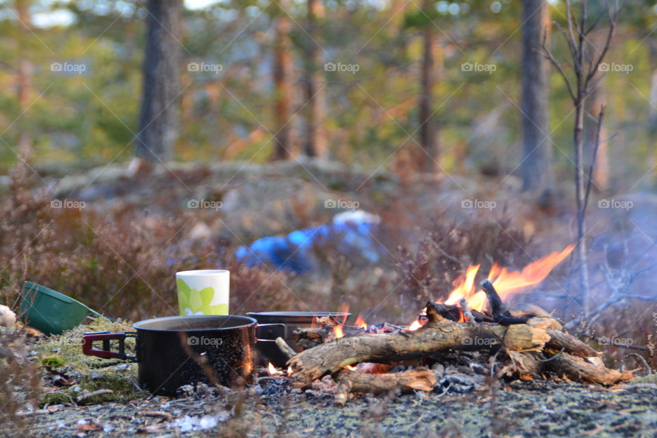 breakfast in spring. making food after sleeping in the mountain.