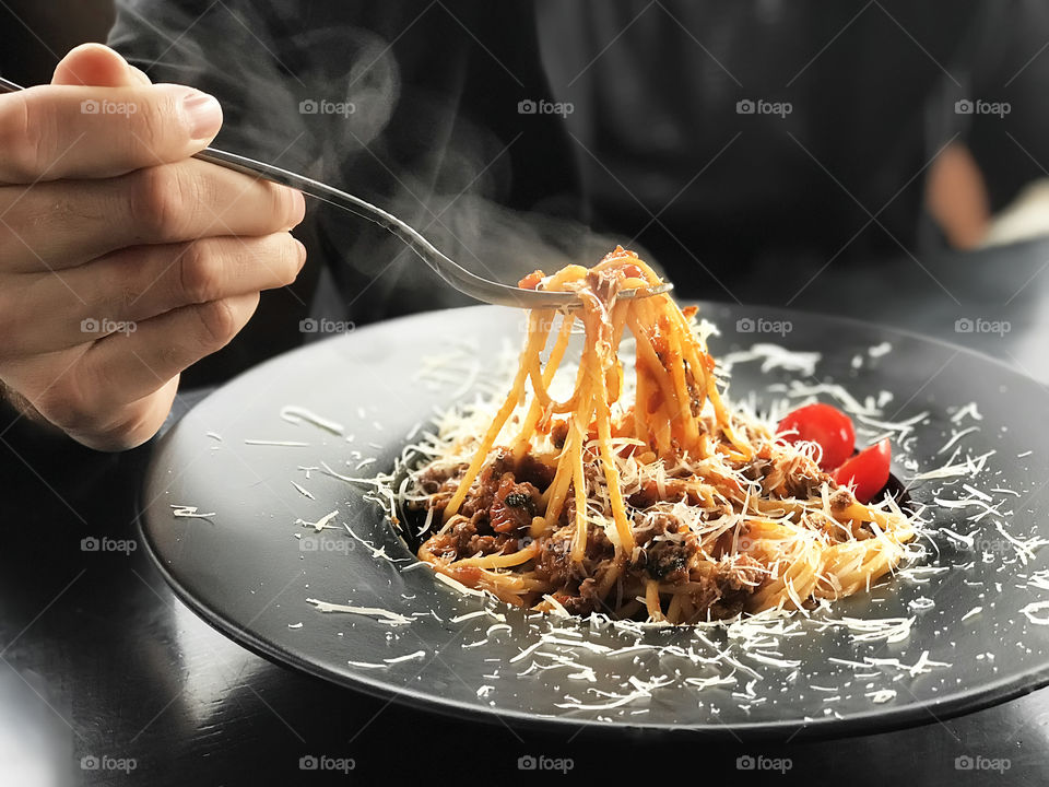 Hot italian pasta with seafood and cheese and tomato 