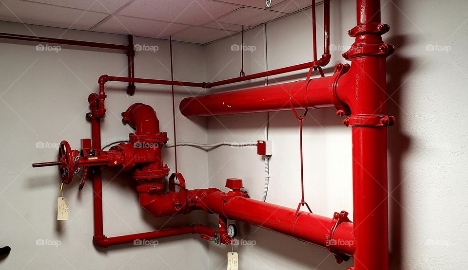 pipes red nuts screws ceiling walls