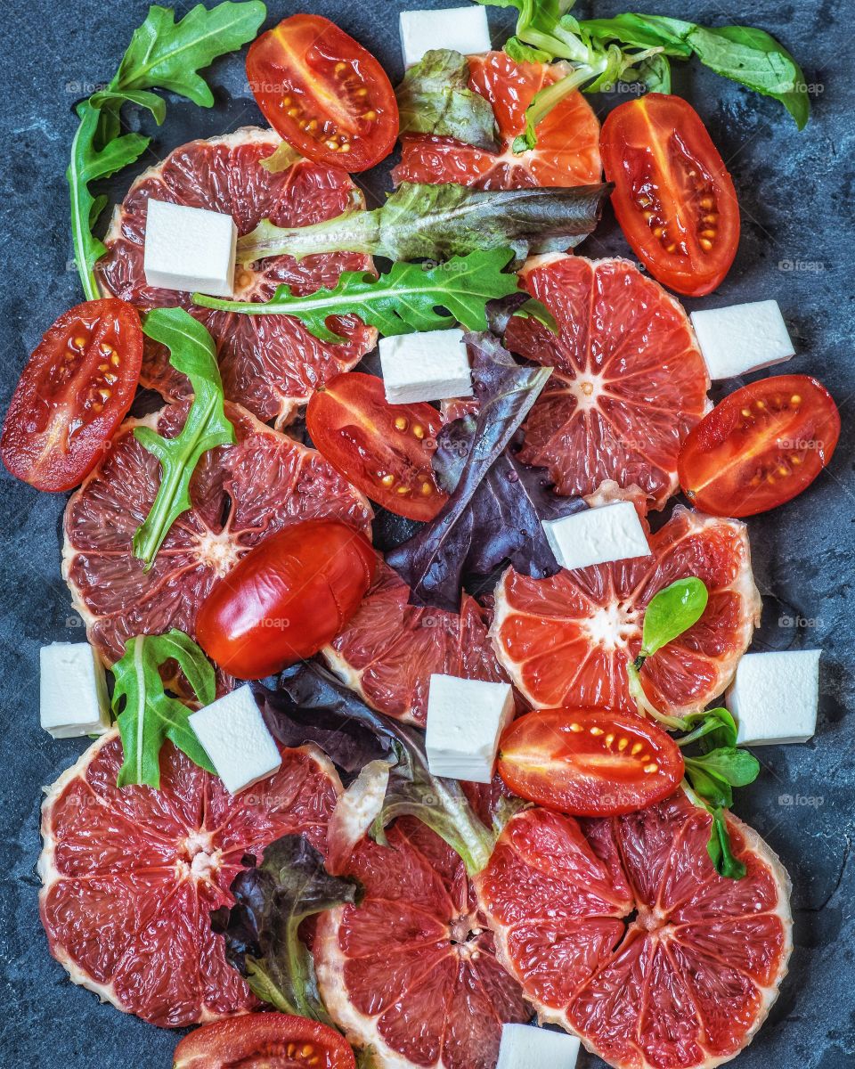 Fruit and vegetable salad on a slate