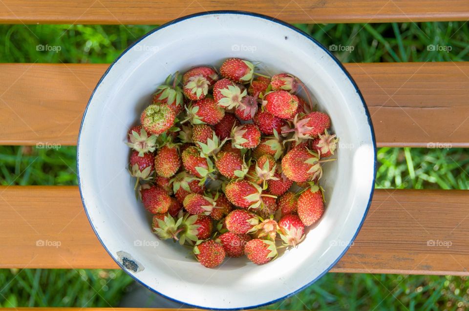 Fresh strawberries in an iron bowl. Harvest.
