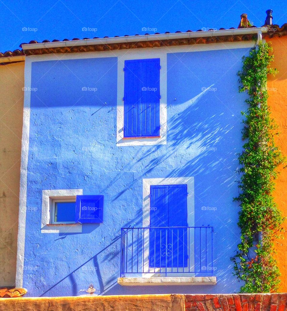 Shades of blue. House, shutters, blue, windows, doors