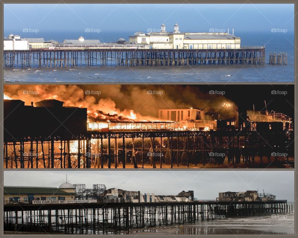 3 images in montage of before, during and the aftermath of Hastings pier fire, October 2010, UK 