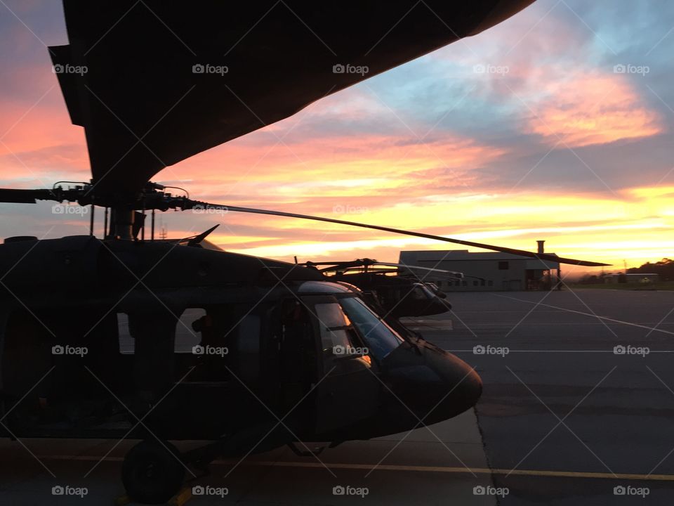 Sunset over a US Army Blackhawk helicopter 