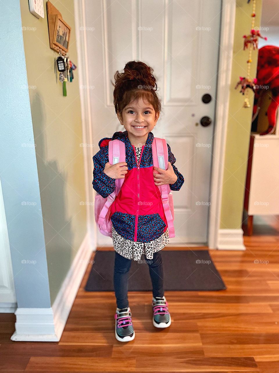 Little girl gets ready to go to preschool, going out the door for school, Mommy drives little girl to school for the first day, first day of school vibes