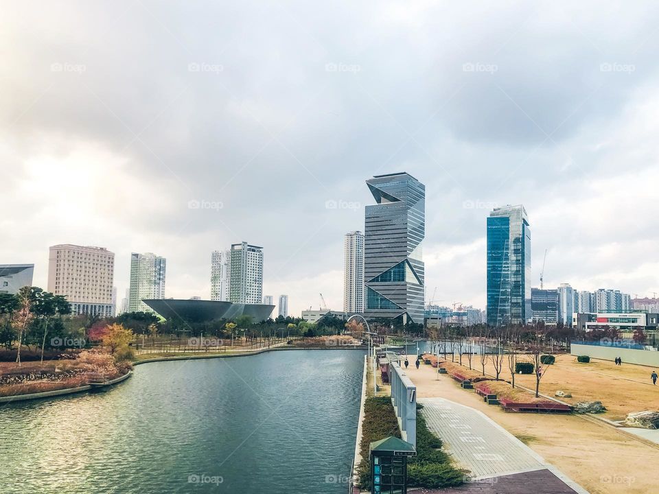 Incheon city, South Korea. Big buildings in City Park of Incheon city