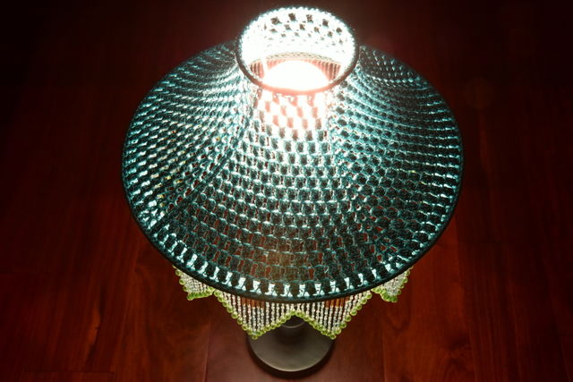 Close-up of table lamp with crystal pendants