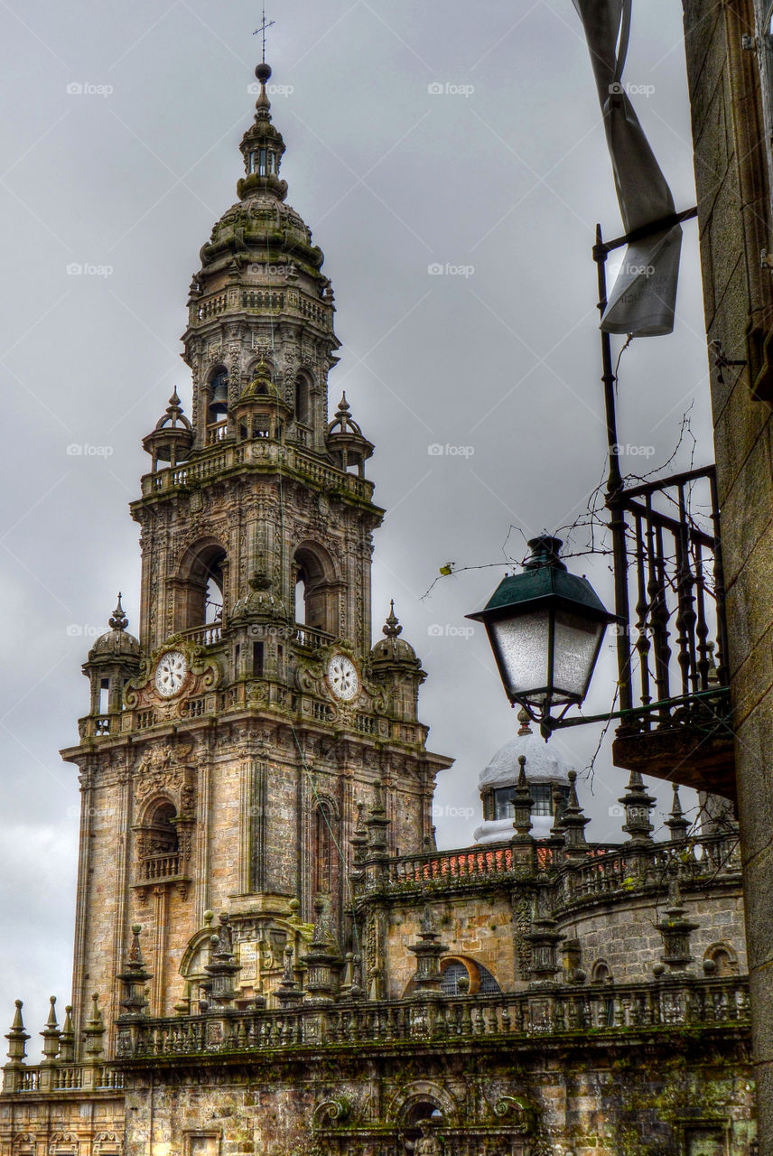 View of the Clock Tower of Santiago de Compostela cathedral.