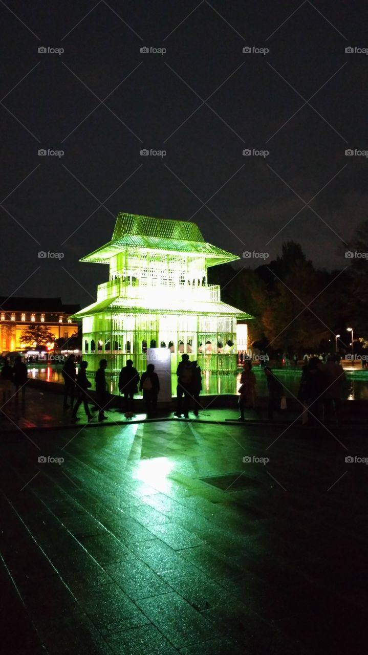architecture is art. artistic installation at the park. Japanese style art.green lights