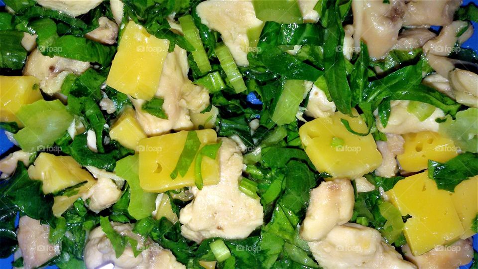 Chicken and cheese salad with greens