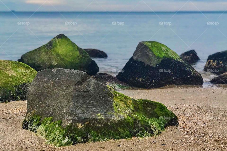 Close-up view of several large rocks covered with moss on the beach with a calm sea in the background