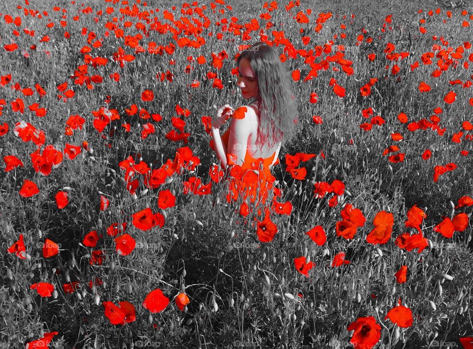 Young woman standing in flower field