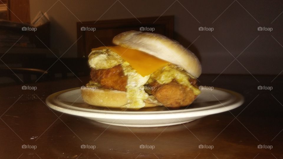 Fried chicken and egg sandwich