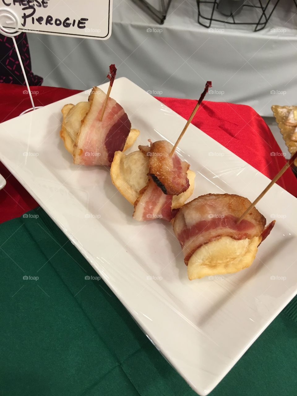 Bacon wrapped pirogies.   