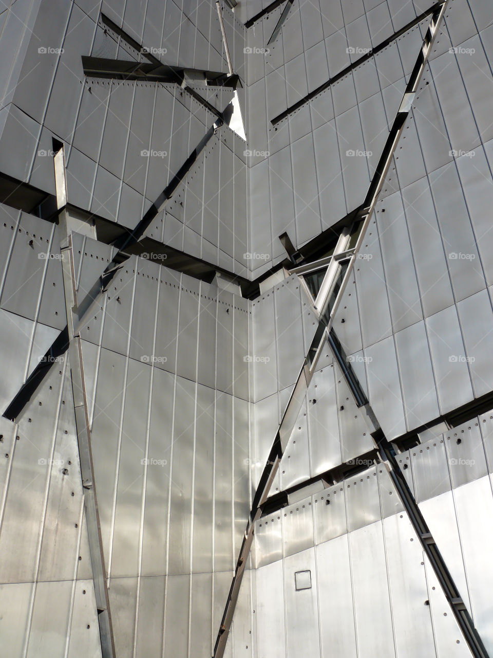 Low angle view of architectural features of the Jewish Museum Berlin.