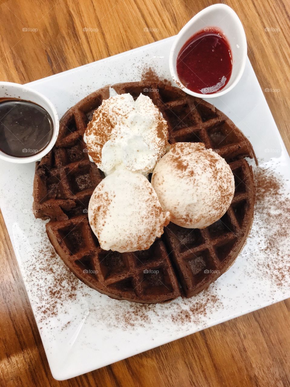 Chocolate waffle with ice creams