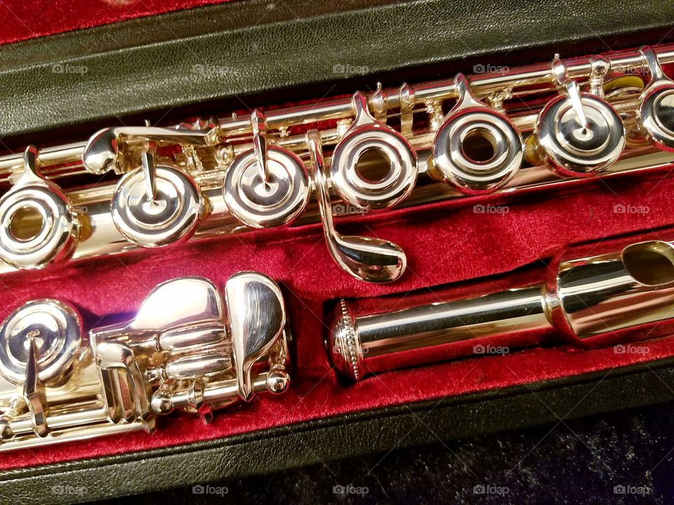 A solid silver professional flute in all its gleaming, polished glory set against red velvet.