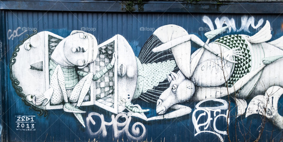 graffiti art abstract picture in blue wall, Christiania, Copenhagen