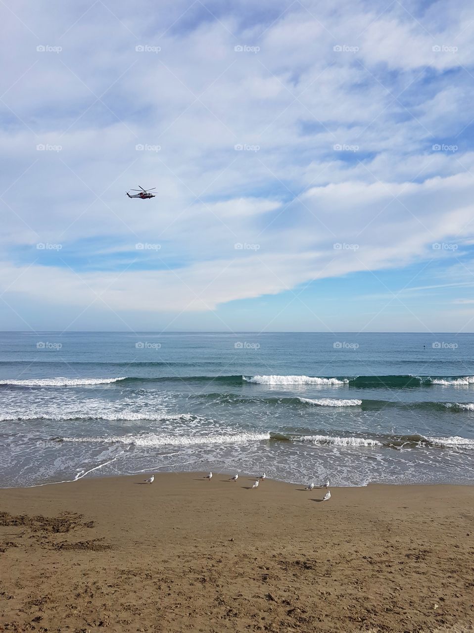 Flying helicopter over the Mediterranean Sea with resting seagulls on the beach in sunny day