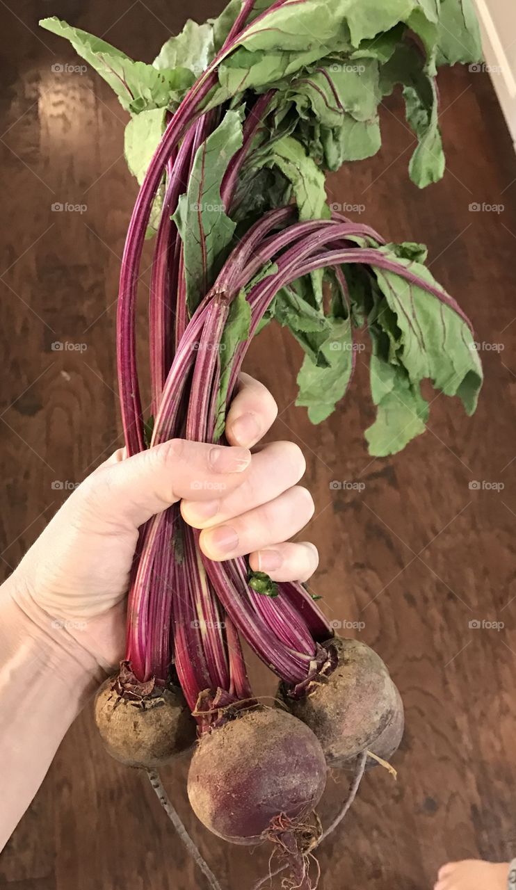 Holding a beet red beets 