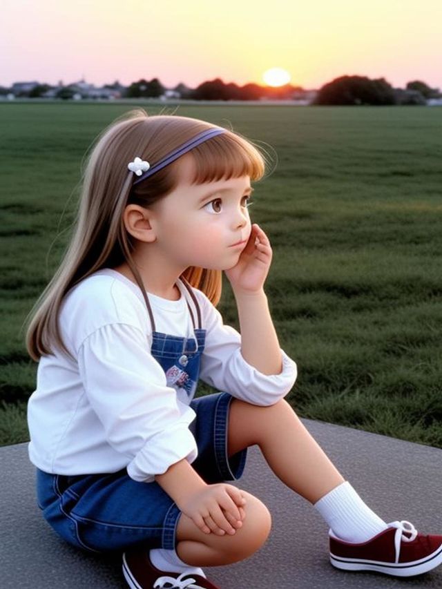 A little girl sits alone at sunset
