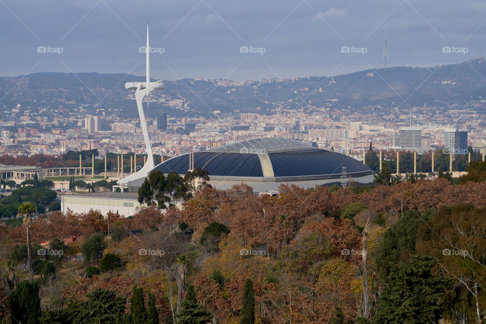 Barcelona view from Montjuic with the Palau de Sports 