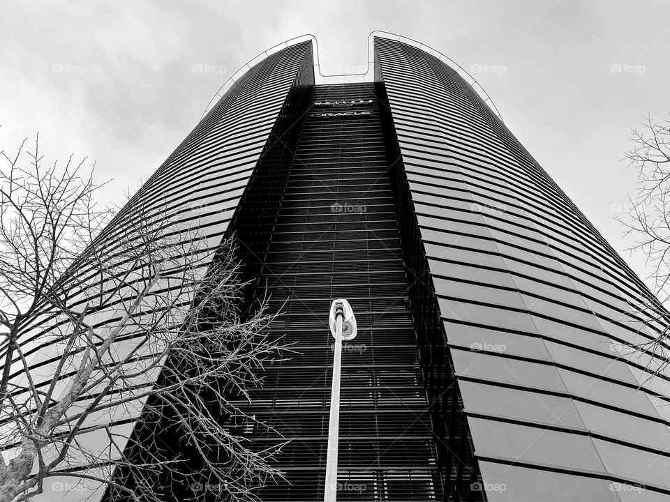 Black and white monochrome high narrow modern building architecture facade exterior bottom up