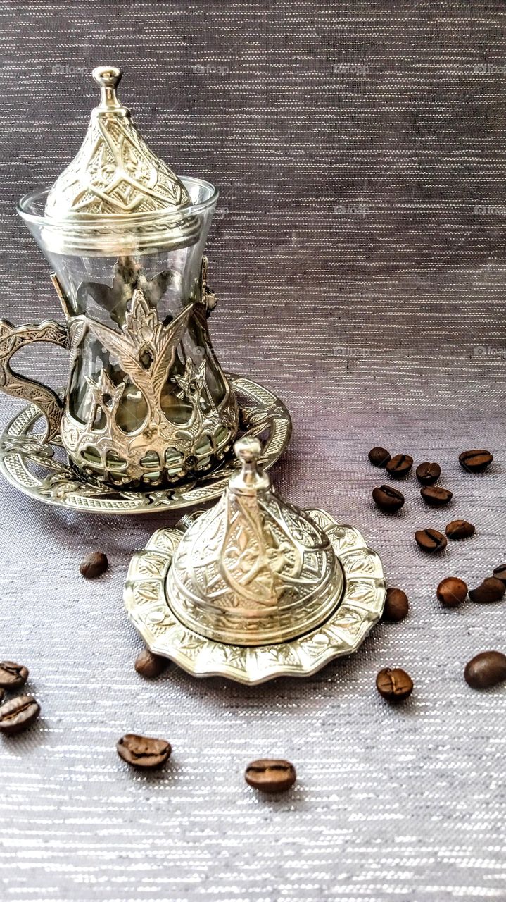 beautiful turkish mug and coffee beans
