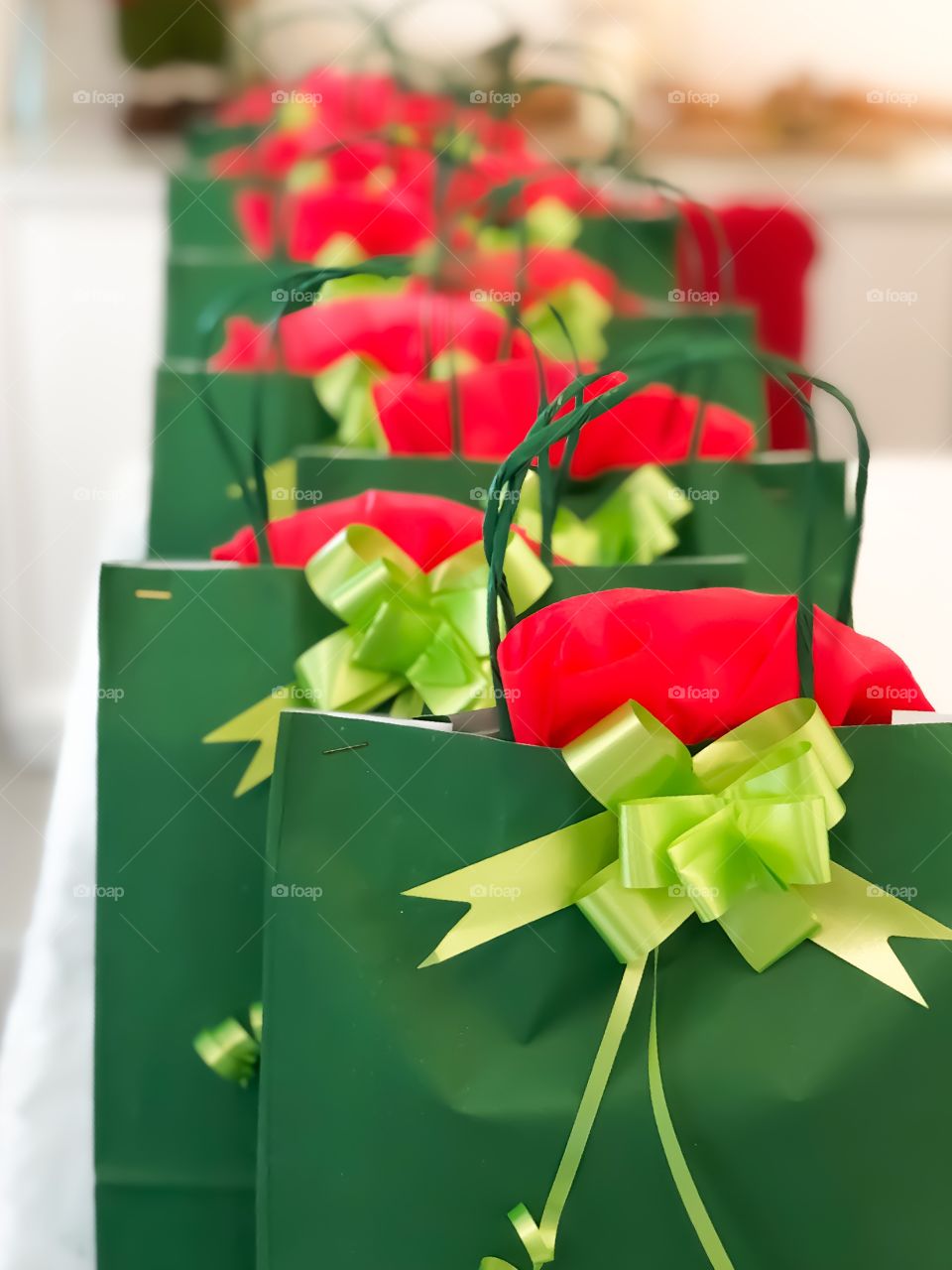 Gifts in green paper bags with red detail and green bow. 