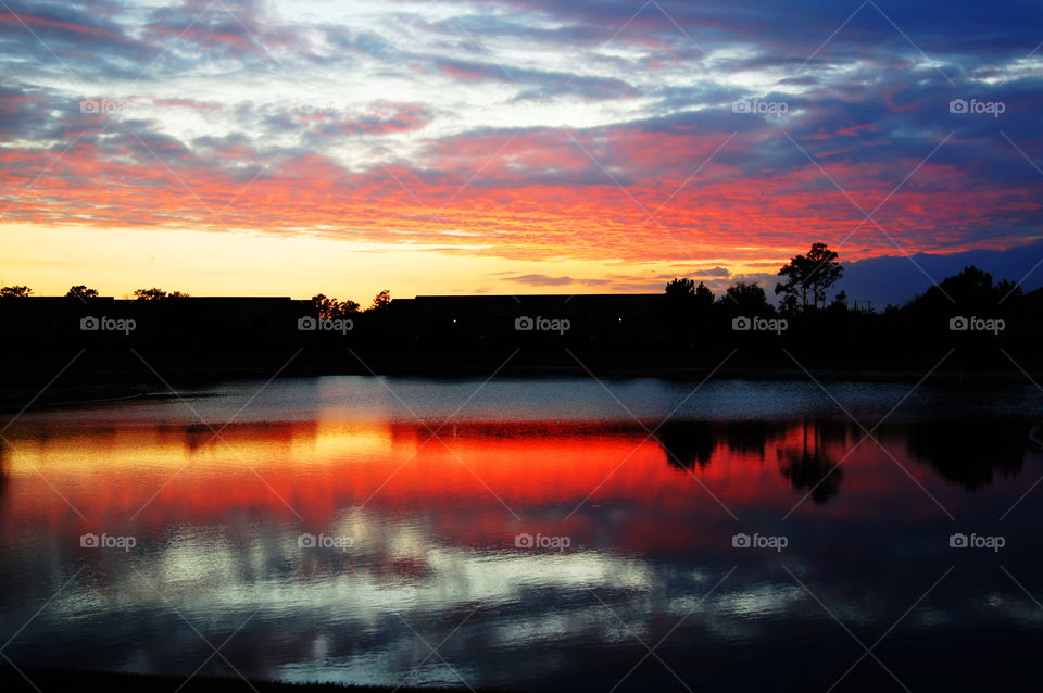 Reflection of silhouette tree on lake