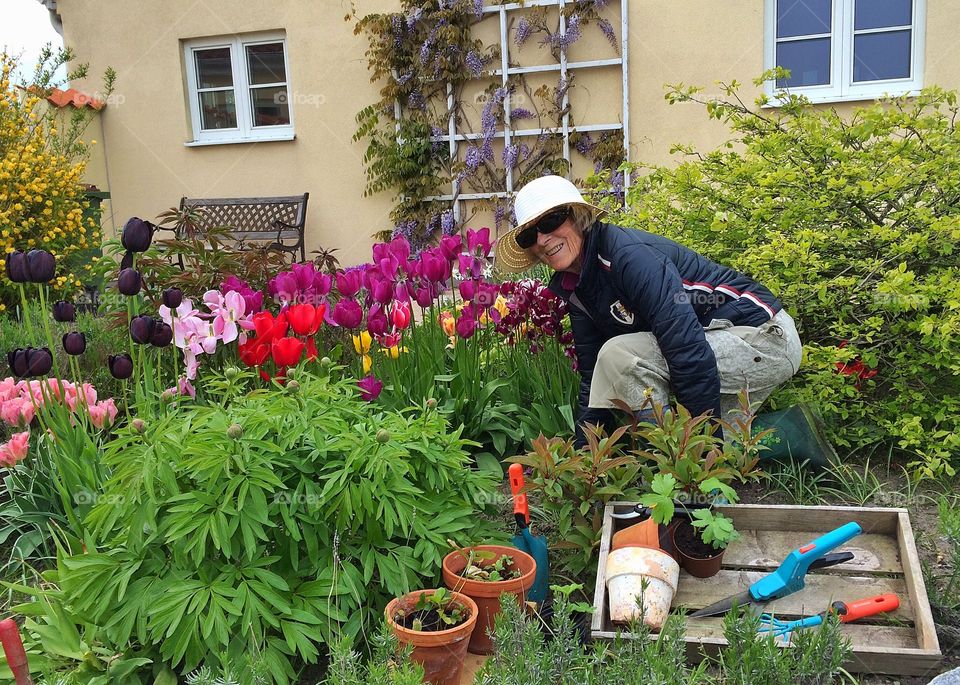 Mum by the tulips