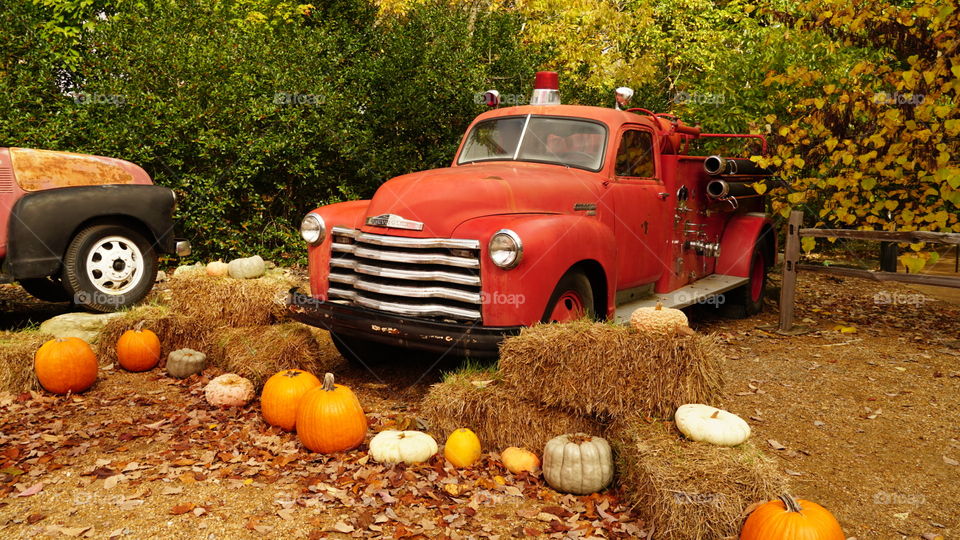 Rock City Georgia, USA. A older firetruck surrounded with hay and pumpkins at Octoberfest