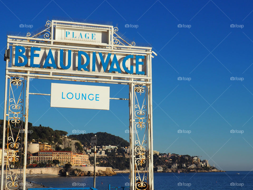 Entrance to the Beau Rivage beach on the Promenade des Anglais in Nice, France.