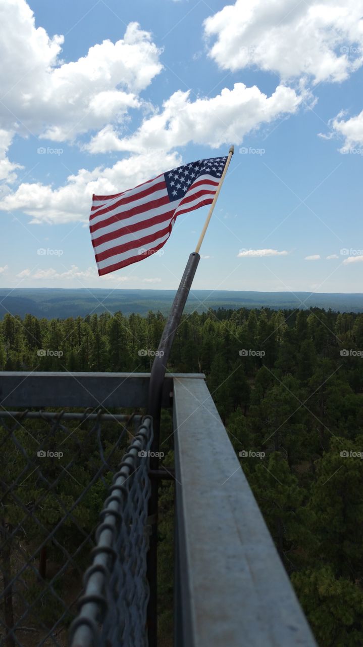 'Merica on Top of the World. American Flag 7465 ft above Sea Level on Fire Watch Tower in Northern Arizona
