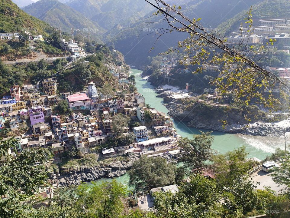 Confluence of Alaknanda and Bhagirath at Devprayagi to make the holy Ganga