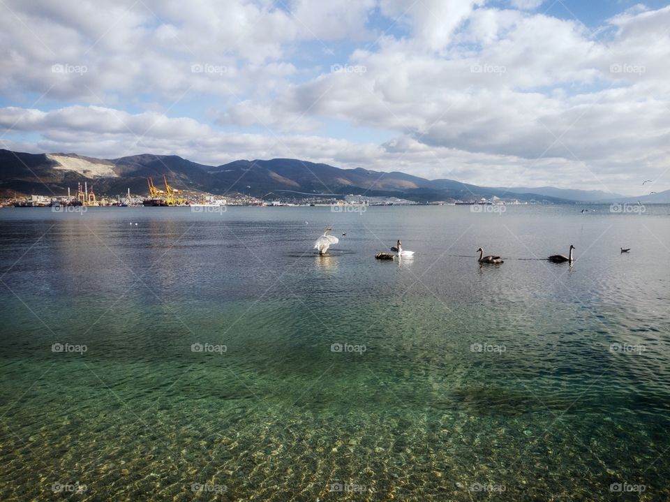 Shadows from clouds on the mountains and the water surface of the sea.