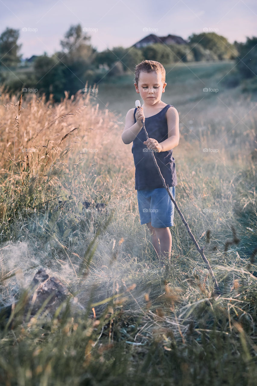 Little boy roasting marshmallow over a campfire on a meadow. Candid people, real moments, authentic situations