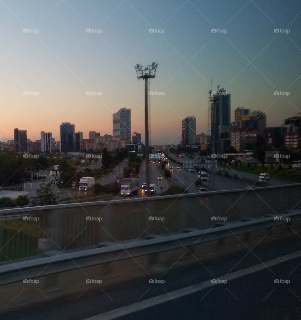 sun setting on ankara from the road