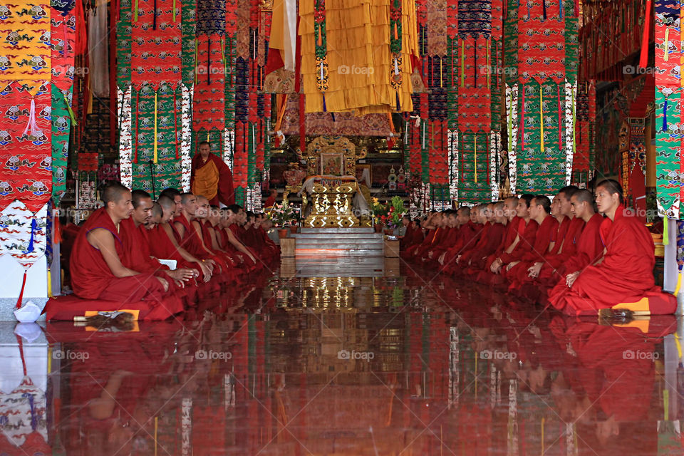 Young monks at prayer in a Tibetan monastery